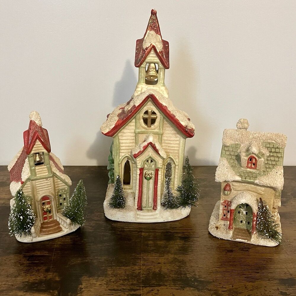 Set of 3 Vintage Ceramic Christmas Village Houses & Church Holiday Decor *Read